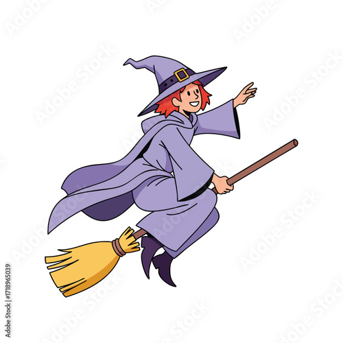Friendly cartoon witch with red hair and a purple robe flying on a magic broomstick.