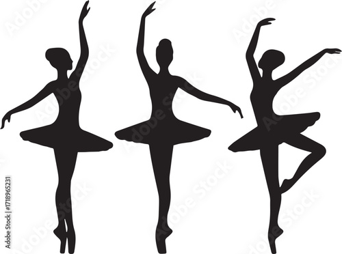 Three ballet dancers mid-performance black and white silhouette vector illustration