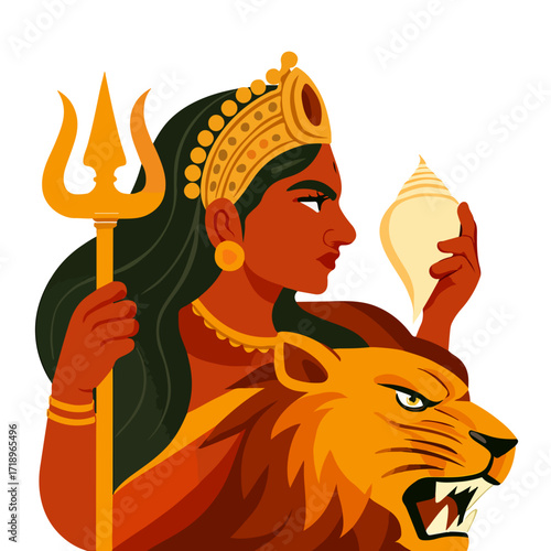 Illustration of Goddess Durga Riding a Lion, Holding a Trishul