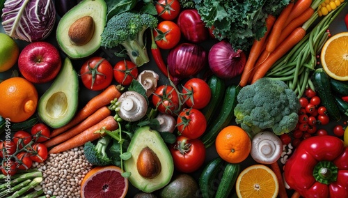 A vibrant flatlay showcasing an abundant variety of colorful fresh produce, including various fruits and vegetables, arranged closely together on a dark surface