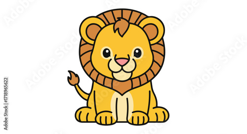 Adorable cartoon lion cub illustration with a charming expression and playful pose on a plain white background showing youth and innocence