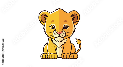 Charming cartoon lion cub illustration with playful pose and engaging expression, perfect for children's content and adorable animal designs