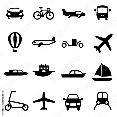 Public Transportation Icons. Airplane, Public bus, Train, motorcycle, bicycle, helicopter, blimp, scooter, Ship/Ferry and auto signs. Shipping delivery symbol. Vector Illustration
