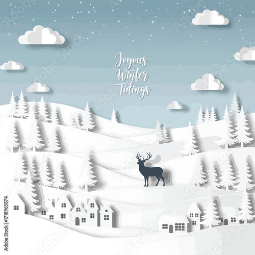 Layered paper art of a serene winter scene with a stag snowcovered trees and a small town.