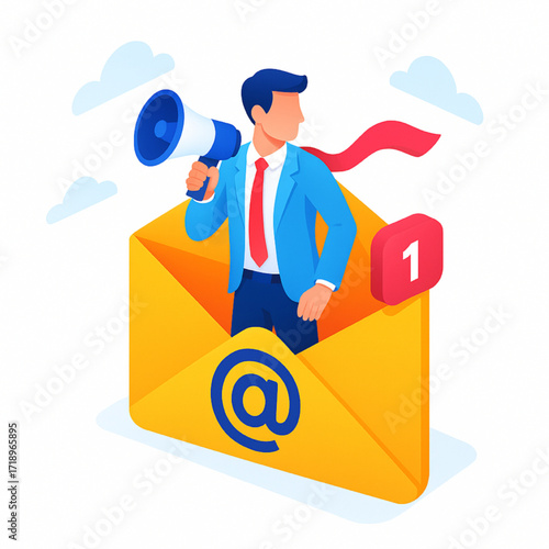 Man with megaphone emerges from giant email, new message marketing promotion announcement concept