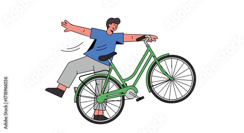 Carefree cyclist enjoying a whimsical ride on a green bicycle, balancing with arms outstretched and a cheerful expression, conveying a sense of