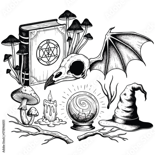 Handdrawn witchcraft and magic set with a spellbook winged skull crystal ball and mushrooms.
