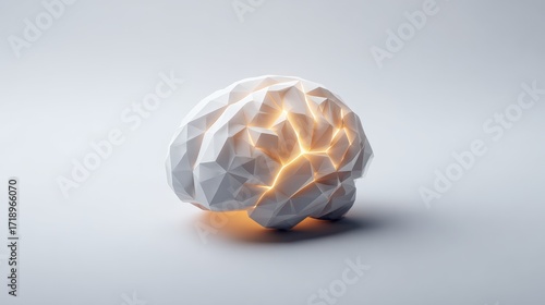 Glowing polygonal brain radiating orange light, symbolizing the power of artificial intelligence against a simple white background, capturing the essence of innovation and technology