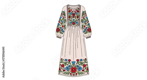 Traditional embroidered maxi dress with floral embellishments and detailed sleeve patterns, evoking a sense of elegance and sophistication in