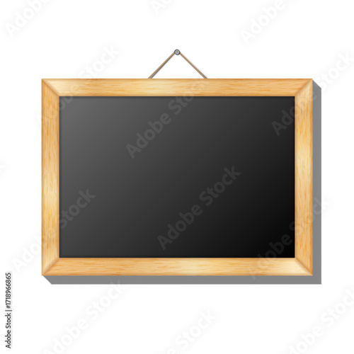 Realistic wooden frame chalkboard with hanging rope on the wall isolated vector 3d mockup photo frame, empty black surface for cafe menu, restaurant sign, ad announcement template, interior detail.
