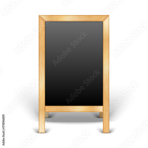 Realistic wooden a-frame street chalkboard mockup 3d vector perspective front view for cafe or restaurant menu, empty frame black signage for bar, coffee shop promotion, blank advertising board.