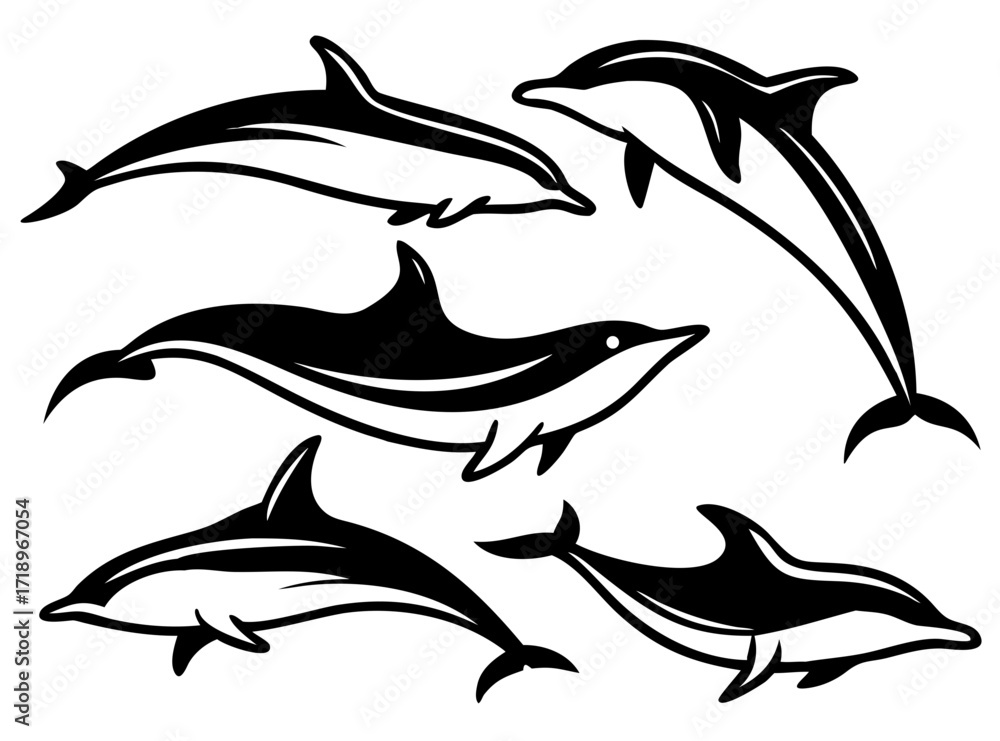 Naklejka premium Silhouettes of dolphins Set. Monochrome illustration of stylized dolphins. isolated on white background
