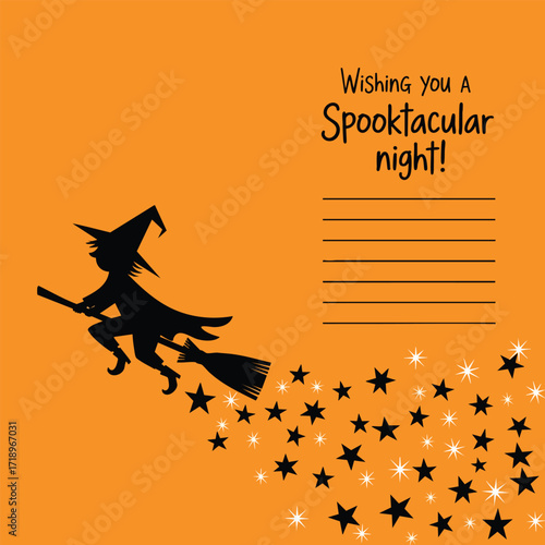 Spooktacular Night Halloween greeting card design with a flying witch silhouette and a trail of stars.
