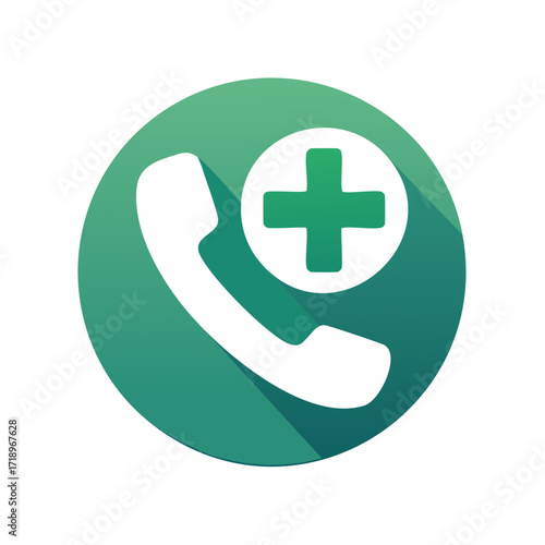 Green circular flat design icon with a telephone receiver and a plus symbol for adding a contact or making a call.
