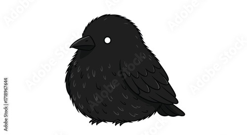 Stylized illustration of a fluffy black crow with cartoonish features isolated on a plain white backdrop depicting simplicity and charm