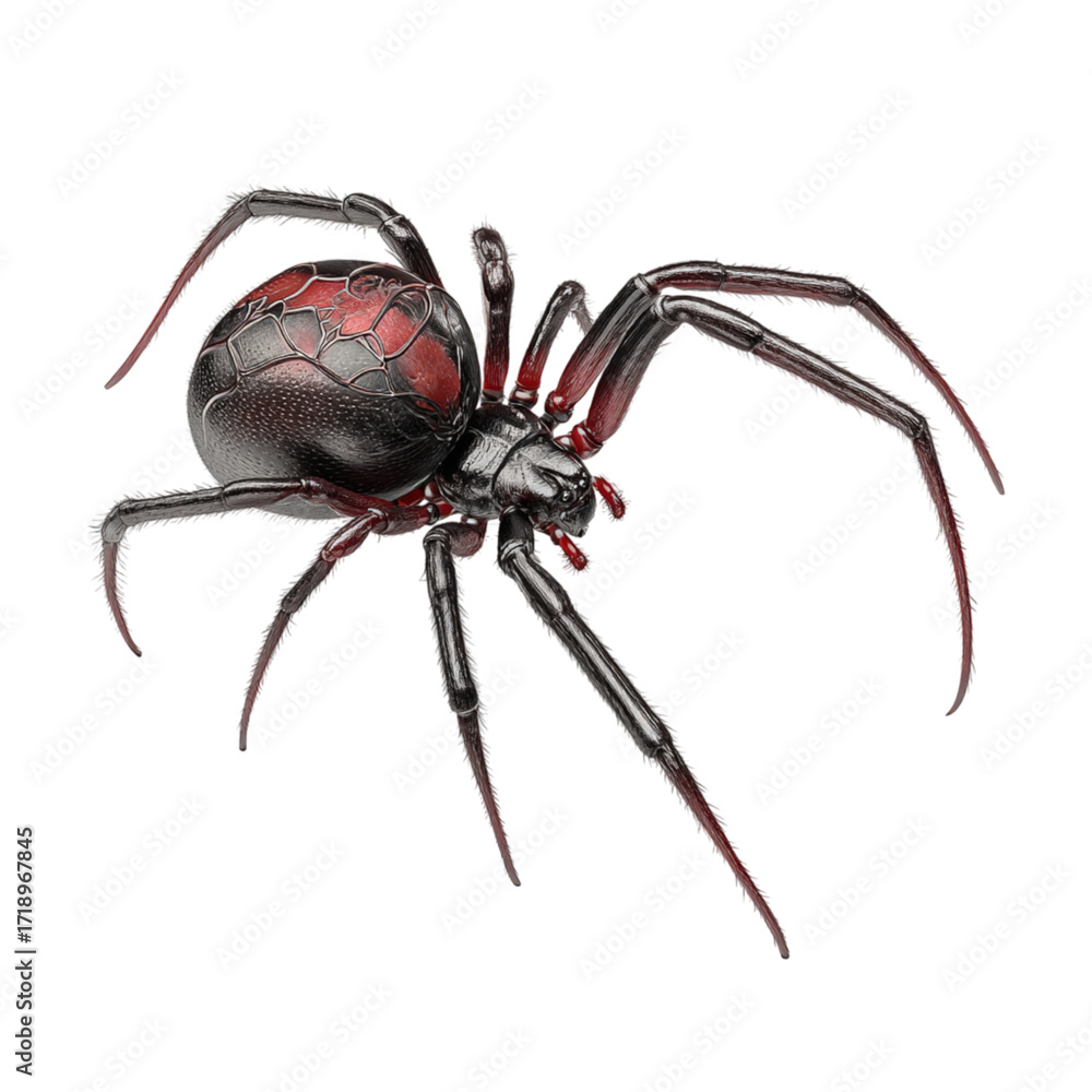 Obraz premium Menacing black widow spider with striking red markings, a symbol of danger and intrigue, perfect for horror themes or nature studies. Arachnid in stunning detail.