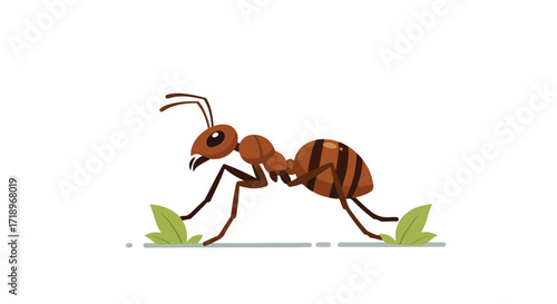Cartoon ant strolling through lush green grass with segmented body, antennae, and tiny legs showing stylized entomology and nature education
