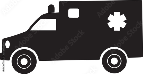 ambulance vehicle with medical symbol silhouette vector, black and white silhouette vector illustration