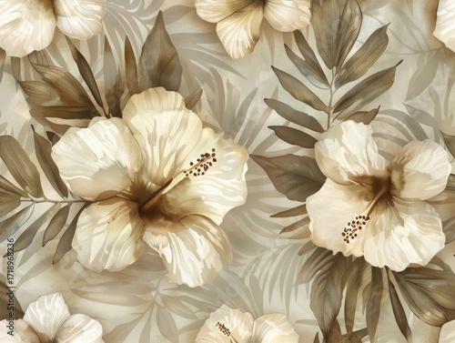 A seamless pattern featuring realistic-style beige hibiscus flowers and tropical palm leaves on a muted beige background.  The image is detailed and evokes a calm, sophisticated tropical vibe