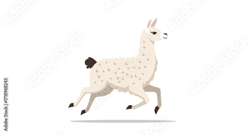 Animated depiction of a running llama with white wool and a brown tail, showcased on a clean white canvas backdrop creating a simple and engaging