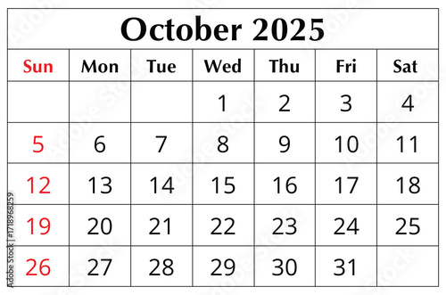 October 2025 ENGLISH month calendar. png transparent illustration