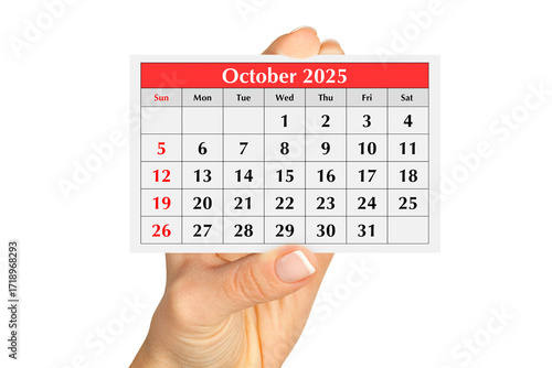 Page of the annual monthly calendar august 2025 in hand. Isolated on transparent png