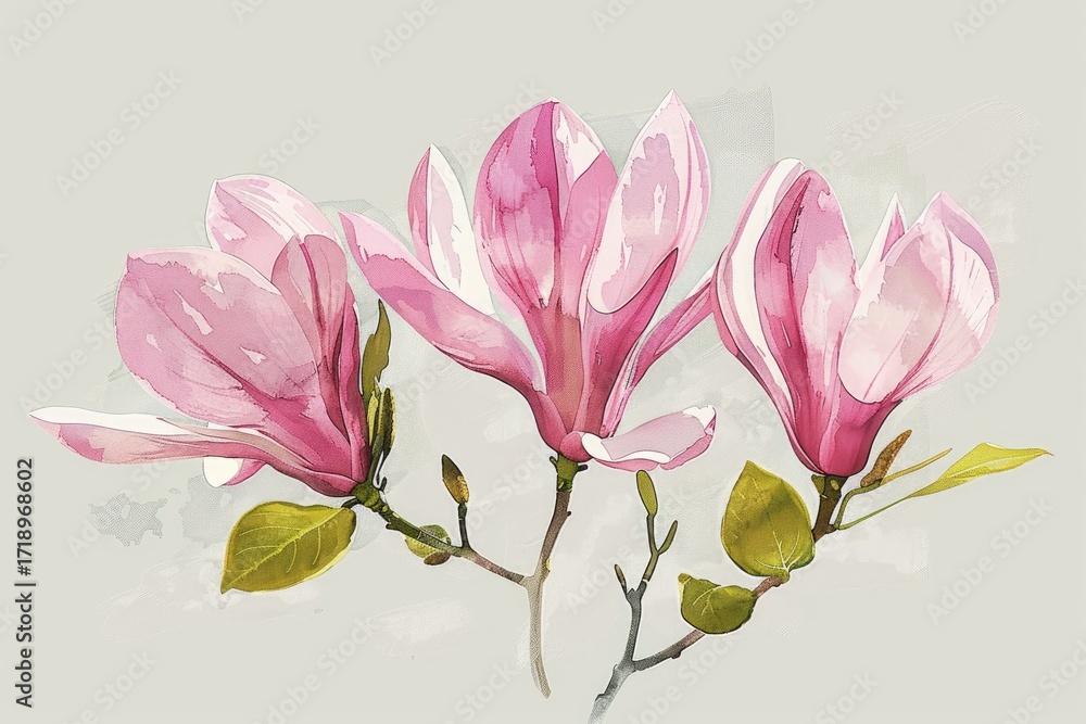 Obraz premium Watercolor-style illustration of three pink magnolia blossoms on a branch with buds and leaves, set against a muted grey-beige background with subtle watercolor texture