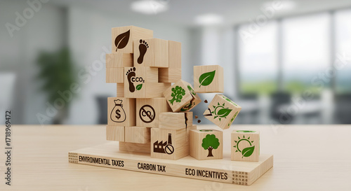 Wooden blocks with environmental icons, leaning precariously, symbolizing environmental challenges.