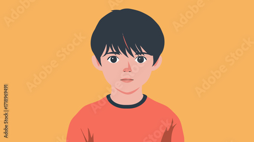 Portrait of young boy with short black hair and red shirt on orange background flat minimalist vector illustration style