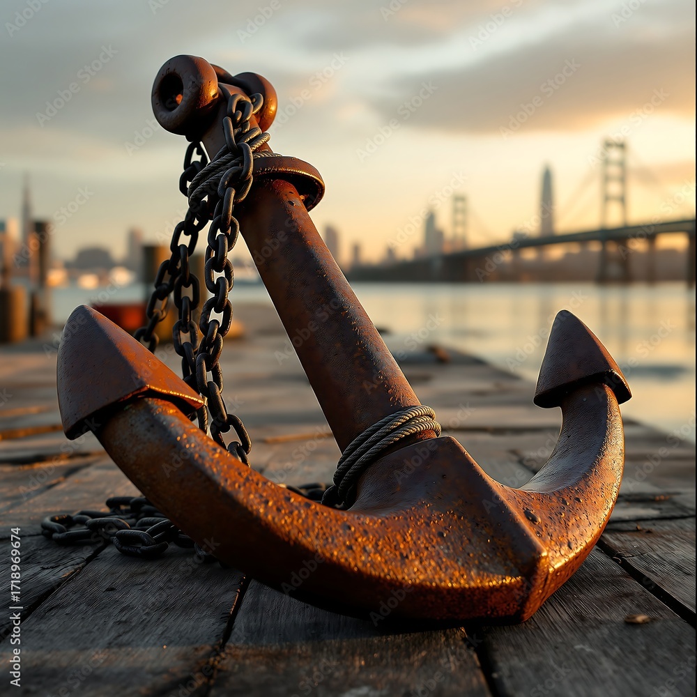 Obraz premium Rusty anchor on wooden dock with san francisco bay bridge and skyline in background at sunset view