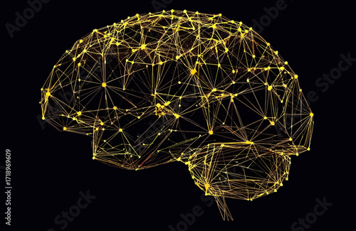 Abstract digital wireframe brain with glowing golden nodes and connecting polygonal lines on black background representing neural network and connectivity concept