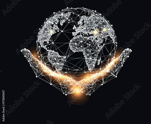 Abstract digital hands holding glowing wireframe globe of Earth with interconnected network points on dark background technology concept