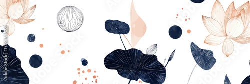 Abstract botanical seamless pattern with navy blue lotus leaves, beige watercolor flowers, geometric circles, and scattered dots on white background vector design