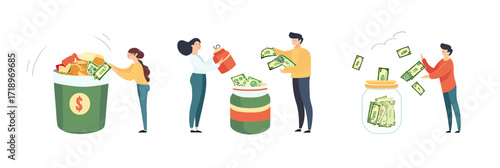 Volunteers donating clothes and money into donation box, jar, and container, charity giving, financial support, minimalist flat vector illustration