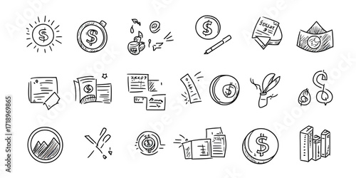 Hand drawn business finance icons set with money, coins, dollar symbols, graphs, charts, documents, and currency signs in sketch style vector illustration
