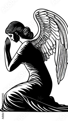 Kneeling praying angel woman with detailed feather wings black and white engraving style religious spiritual illustration vector art