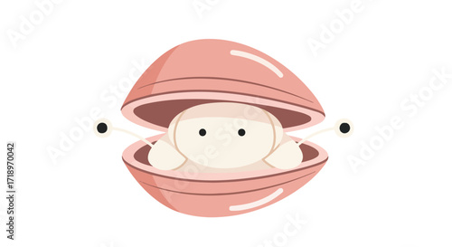 Adorable sea creature illustration: a cute and simple clam character in a charming pink shell on a white backdrop design