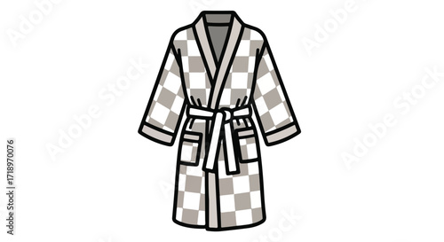 Checkered bathrobe with a tie waist, perfect for lounging at home or a spa day cartoon style with distinct black outlines