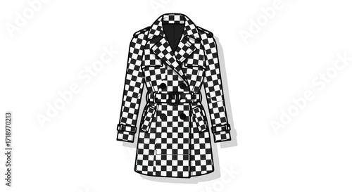 Illustrated checkered trench coat design for fashion lookbooks and pattern design applications offering bold contrasting graphical aesthetics