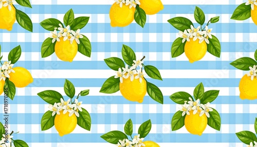 Lemons, blossoms, and leaves on a blue gingham background
