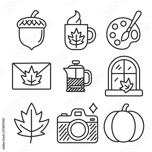 Collection of autumn themed line art icons: acorn, coffee, palette, envelope, french press, window, leaf, camera, pumpkin.
