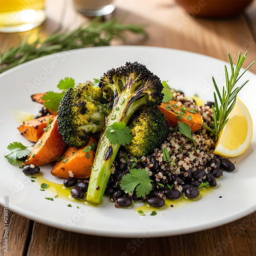 A delectable plate featuring grilled broccoli, sweet potato, black beans, and quinoa, garnished with fresh rosemary and a lemon wedge, presented on a wooden table
