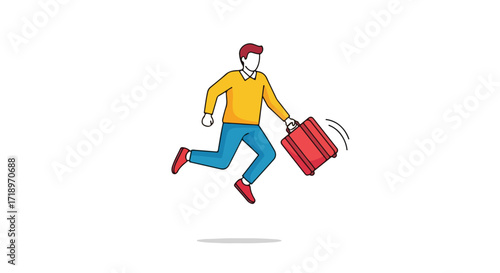Stylized illustration depicting a man hastily moving with a suitcase, cartoon drawing highlighting movement and urgency  for travel theme