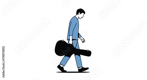 Solitary figure walking with guitar case conveying somber mood and musical journey ahead, a lone musician