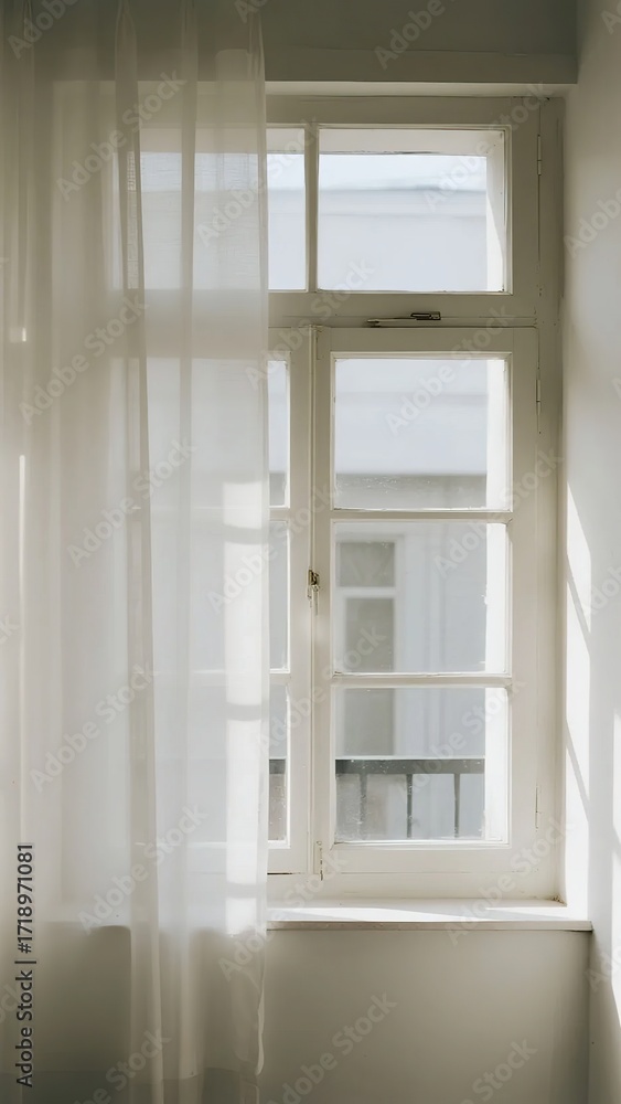Fototapeta premium Brightly lit window with sheer white curtains and a view of an adjacent building