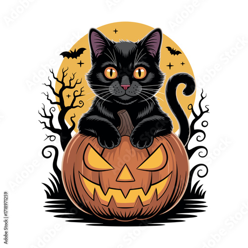 Halloween black cat with pumpkin vector illustration