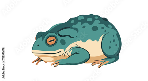 Illustration of a Relaxed Mottled Green Frog Lounging on a White Background Depicted in a Cartoon Style
