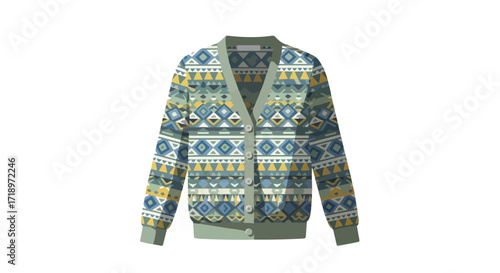 Stylized patterned cardigan illustration on a white background showcasing fashion apparel and vibrant geometric designs offering a modern aesthetic