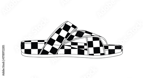 Checkered slider sandal illustration, minimalist monochrome footwear sketch, casual summer fashion accessory, trendy slipper concept drawing for