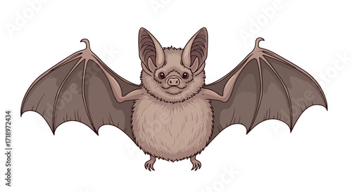 Charming cartoon bat with spread wings isolated on white background for children's book illustration or wildlife education resources